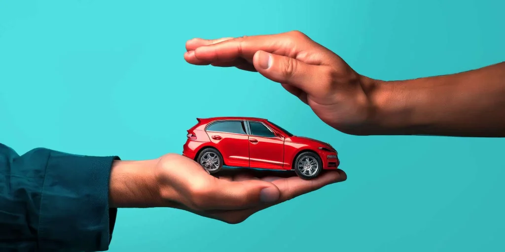 Modern car with protection symbols and coverage icons around it, illustrating different types of vehicle protection including collision, theft, and roadside assistance services